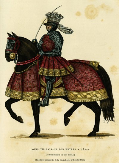 法国国王路易十二（1462-1515）的肖像，他于1502年8月26日进入日内瓦。根据国家图书馆的微型手稿（1515年）进行的彩色雕刻，载于奥古斯丁-查拉梅尔（Augustin Challamel）的《穿越世纪的法国和法国人》，F.Roy 作者 French School