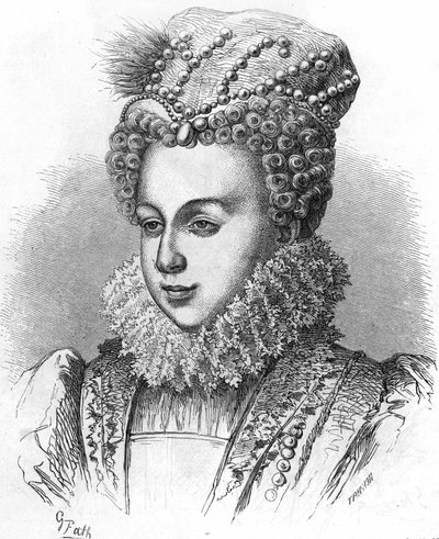 瓦卢斯的玛格丽特（1553-1615）肖像，被称为玛格特女王，是亨利四世的妻子。载于《法国人民史》，第1885期。雕刻。 作者 法语学校