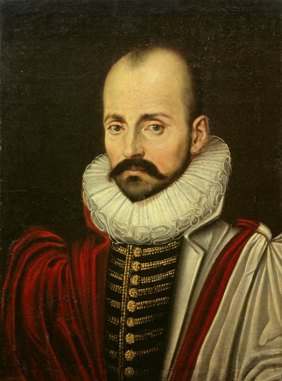 Michel Eyquem de Montaigne (1533-1592) 的肖像，法国人文主义哲学家。 17 世纪上半叶法国画派的绘画。 昏暗 0,70 x 0,52 m 作者 法语学校