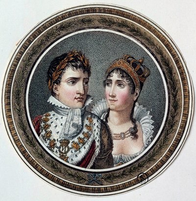 拿破仑一世 (1769-1821) 和 Josephine de Beauharnais (1763-1814) 的肖像画在糖果盖上。 19世纪 作者 法语学校