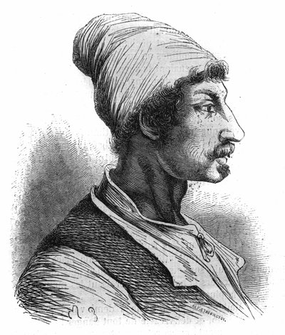 Tommaso Aniello的肖像，被称为Masaniello（1622-1647），一个那不勒斯的渔民，他于1647年在那不勒斯领导了反对西班牙人的叛乱。1852年的雕版画。 作者 法语学校