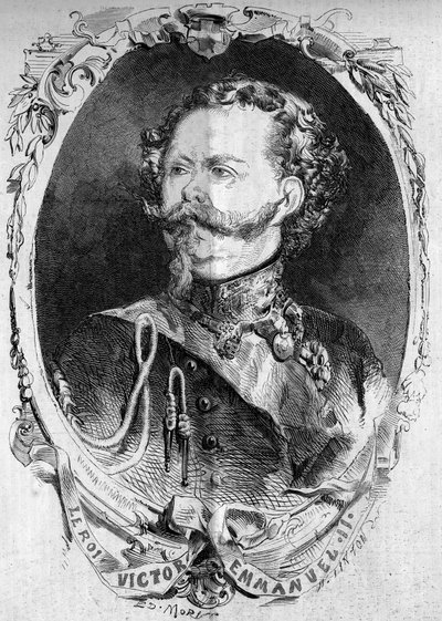 维克多-伊曼纽尔二世（Vittorio Emanuele）（Victor-Emmanuel）（1820-1878）的肖像，撒丁岛国王和未来的意大利国王。1859年2月5日《世界画报》第95期上的版画。 作者 法语学校