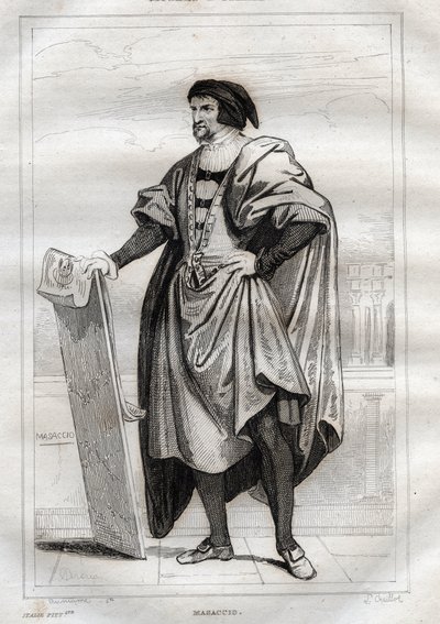 意大利画家马萨乔(Tommaso di Giovanni Cassai)(1401-1428)的肖像--来自M. de Norvins, Ch. Nodier 1834-1836的 "Italy Picturesque"--意大利的历史和描述性绘画的雕刻。 作者 法语学校
