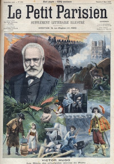 法国作家维克多-雨果（1802-1885）的肖像，并附有其主要作品的插图。雕刻在 "小巴黎人 "上 作者 法语学校