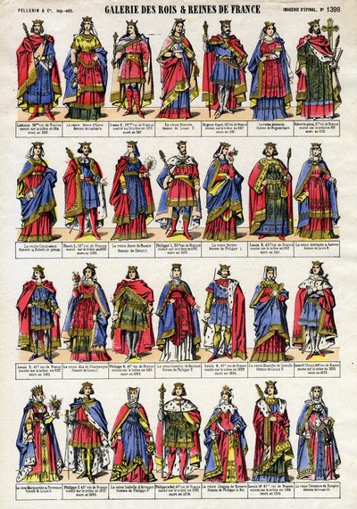 法国卡佩王朝（Capetian dynasty）从洛泰尔（941-986）到胡坦路易十世（1289-1316）的国王和王后的肖像。19世纪末的埃皮纳尔成像。私人收藏。 作者 法语学校