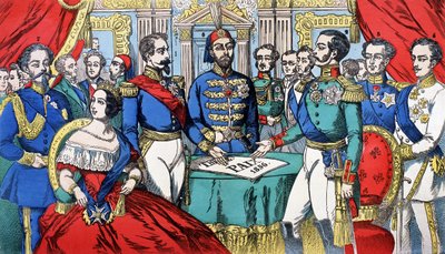 Portrait of the sovereigns of Europe during the Peace Treaty in 1856: from left to right, Victor Emmanuel II (Victor Emmanuel) (Vittorio Emanuele), King of Sardinia, Victoria, Queen of England, Napoleon III, Turkish Emperor, Alexander II, King of Russia, F 作者 法语学校