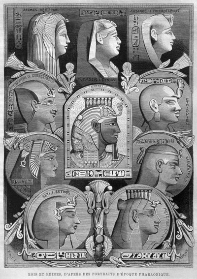 古埃及女王和国王的肖像，来自Georg Moritz Ebers的Legypte（1837-98），1881年（bw雕刻） 作者 法语学校