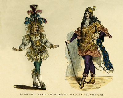 国王路易十四（1638-1715）的肖像，穿着戏剧服装和旋转木马。彩色雕刻，载于《穿越世纪的法国和法国人》，奥古斯丁-查拉梅尔著，F.罗伊编辑，巴黎1882年。塞尔瓦收藏。 作者 French School