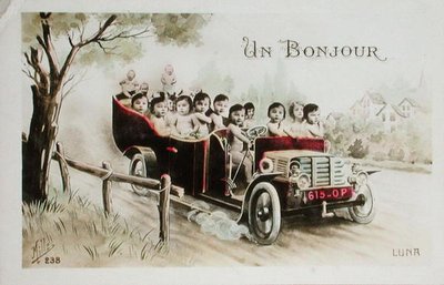 描绘 "Un Bonjour "的明信片，满载婴儿的汽车，1914年前（彩色平印）。 作者 法语学校