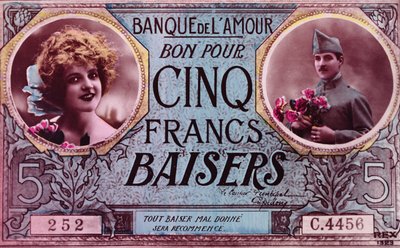 1914-18年，来自爱之银行的五个kissesfrancs凭证形式的明信片 作者 法语学校