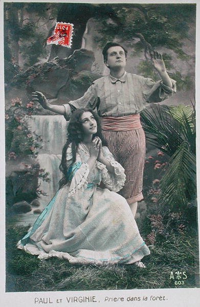 保罗和维吉妮的明信片：《森林中的祈祷》（彩色平印）（见197787）。 作者 法语学校