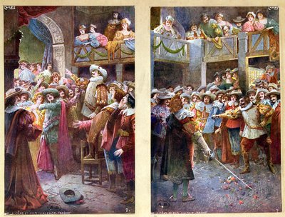 明信片描绘了Cyrano de Bergerac和酒店de Bourgogne的决斗，c.1900 作者 法语学校