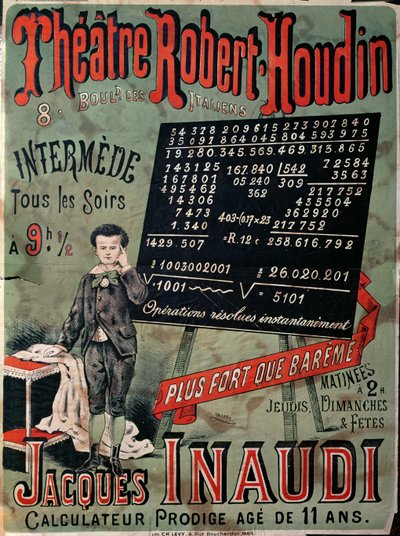 海报在1878年巴黎剧院Robert Houdin的广告中饰演Jacques Inaudi（1867-1939） 作者 法语学校