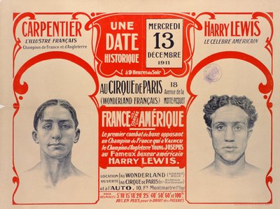 宣传Carpentier和Harry Lewis之间拳击比赛的海报，1911年 作者 法语学校