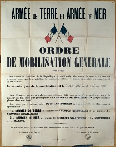 1914年8月2日，战争和海军部在法国宣布总动员的海报 作者 法语学校