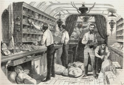 帖子: interieur du bureau ambulant - Edmond Texier 1852年在 "Tableau-de-Paris "的雕刻作品 作者 法语学校