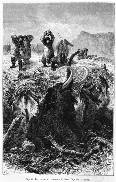 猛犸象史前男子狩猎，路易斯菲瑞尔的“原始人”插图，1870年出版巴黎阿歇特 作者 法语学校