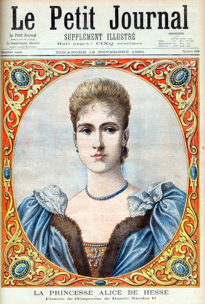 黑森公主阿里克斯（Alexandra Feodorovna）（Alexandra Feodorovna Romanov）俄罗斯沙皇尼古拉二世的未婚妻。黑森和莱茵河流域的爱丽丝公主（1872-1918）。俄罗斯皇帝尼古拉二世的未婚妻。为《小报》提供的插图 作者 法语学校
