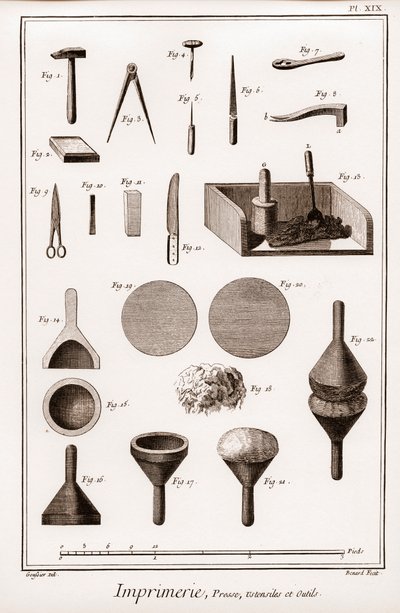 印刷机、用具和工具--丹尼斯-狄德罗（1713-1784）和让-达朗贝尔（1717-1783）的《大百科全书》或《科学、艺术和专业词典》（Encyclopedie, ou Dictionnaire Raisonne des Sciences, des Arts et des Metiers）。 作者 法语学校