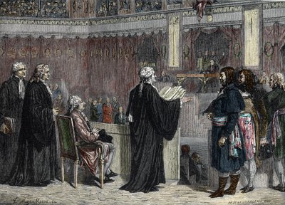 Proces de Louis XVI：路易十六在国民大会代表面前的出现（彩色雕刻） 作者 法语学校