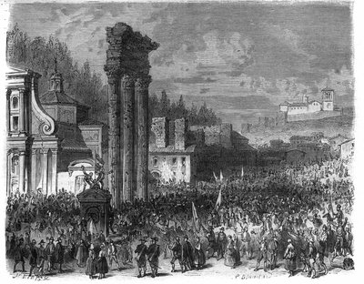 1798年罗马共和国的宣言。(Proclamation della repubblica romana nel 1878) Maurice Lachatre的 "Histoire des Papes-King-Queen-and-Empereurs a travers les centuries "中的版画。 作者 法语学校