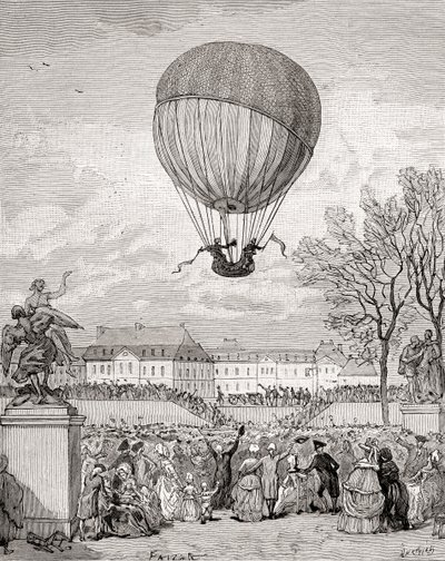 Jacques Charles教授和Nicolas-Louis Robert教授于1783年12月1日在巴黎Tuilleries花园驾驶世界上第一个载人氢气球，摘自《法国历史》，约1880年出版（雕刻）。 作者 法语学校