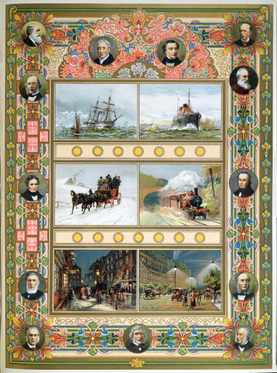 维多利亚女王统治时期的进步（1819-1901）。帆船，蒸汽船，蒸汽火车和燃气和电动街道照明，1887年 作者 法语学校