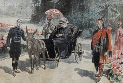 维多利亚一世（1837-1901）英国女王的长廊，在尼斯附近的Cimiez酒店的公园。1899年3月26日 "Le Pelerin "上的雕刻。 作者 法语学校