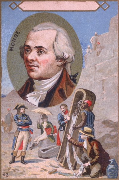 宣传卡片描绘了Gaspard Monge（1746-1818）在埃及竞选期间向拿破仑波拿巴（1769-1821）赠送一具木乃伊，19世纪末期 作者 法语学校