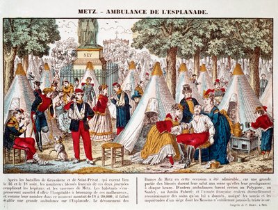 普鲁士战争：1870年在梅斯，一辆安装在河边的救护车用于治疗伤员（雕刻）。 作者 法语学校