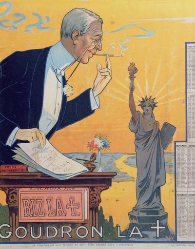 卷烟纸制造商Rizla的宣传日历，描绘了伍德罗威尔逊总统（1856-1924）和1920年国际联盟的第15个主张 作者 法语学校