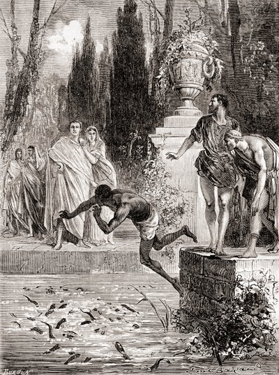 出版于1870年的《 Les Merveilles de la Science》，罗马马术者Publius Vedius Pollio为他的七lamp鳗饲养奴隶 作者 法语学校
