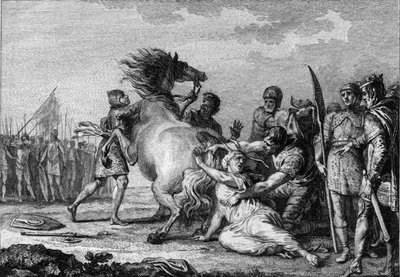 Punishment of Brunehaut, 613: Brunehaut or Brunehilde (543-613), queen of Austrasia, is attached to the tail of an indomitable horse before being dragged to the ground. Engraving of the 18th century. 作者 法语学校