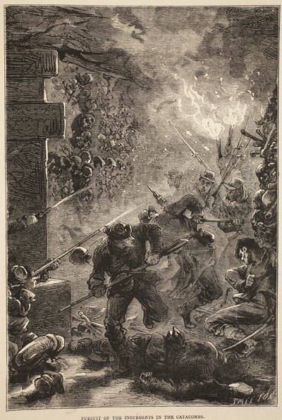 1871年5月在地下墓穴中追捕叛乱分子，插图来自卡塞尔斯法国与德国之间的战争历史，1870-1871 作者 法语学校