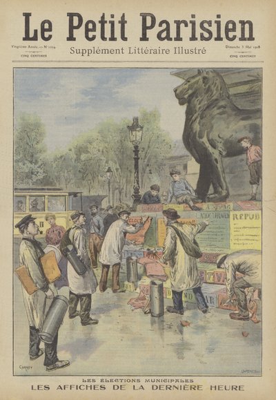 Putting up posters for the French municipal elections (colour litho) 作者 法语学校