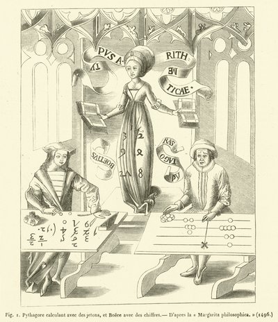 毕达哥拉斯用记号计算，Boece 用数字（雕刻） 作者 法语学校