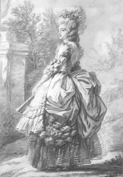 女王玛丽 - 安托瓦内特（1755-93）走在花园里，1780年（笔和墨水洗和粉笔在纸上） 作者 法语学校
