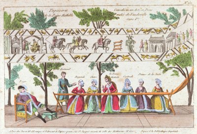 Queen Mathilda和她的仆人编织了Bayeux Tapestry，这是一个杂耍表演的场景 作者 法语学校