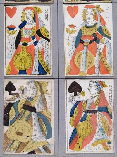 黑桃皇后和心中女王玩纸牌，17至18世纪（彩色木版画） 作者 法语学校