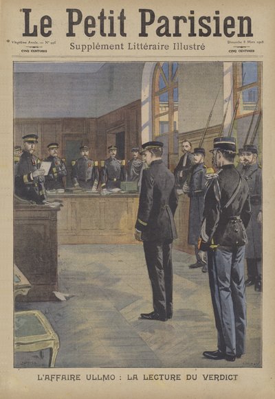 宣读对查尔斯·本杰明·乌尔莫 (Charles Benjamin Ullmo) 叛国罪审判的判决（彩色石版画） 作者 法语学校