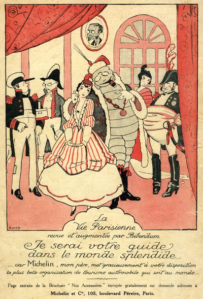 回顾 1914 年的米其林轮胎。巴黎人的生活》（La Vie Parisienne）由《必比登》（Bibendum）评论和增补："我将成为您在绚丽世界的向导，因为米其林我的父亲为您提供了世界上最美丽的汽车旅游组织"。墙上挂着一个画框 作者 法语学校