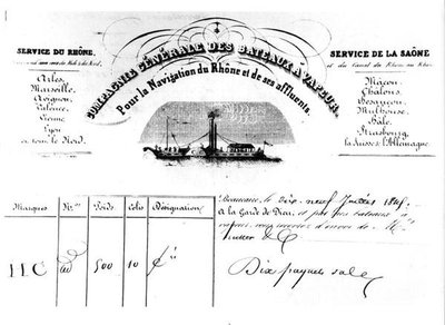 Compagnie Generale des Bateaux Vapeur Pour la Navigation du Rhone et de ses affluents签发的货物收据 作者 法语学校