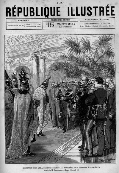 外交部接待暹罗大使的情况。一份报纸。1880年的版画，收藏于 "La republique illustrstree "私人收藏。 作者 法语学校