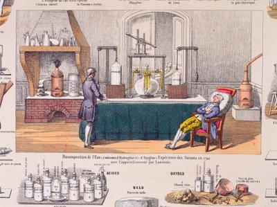 从氢和氧中重新分解水：Antoine Laurent de Lavoisier（1743-94）试验一个休息的人的呼吸，插图来自教育板块，1860年（彩色雕刻） 作者 法语学校