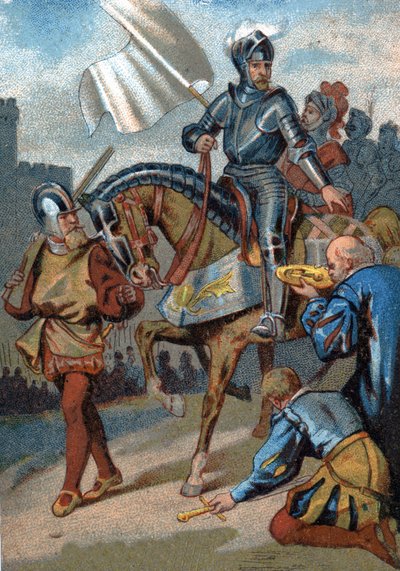 吉斯公爵于 1558 年通过英语从加莱恢复。“通过图像进行爱国教育”系列的彩色版画。 作者 法语学校