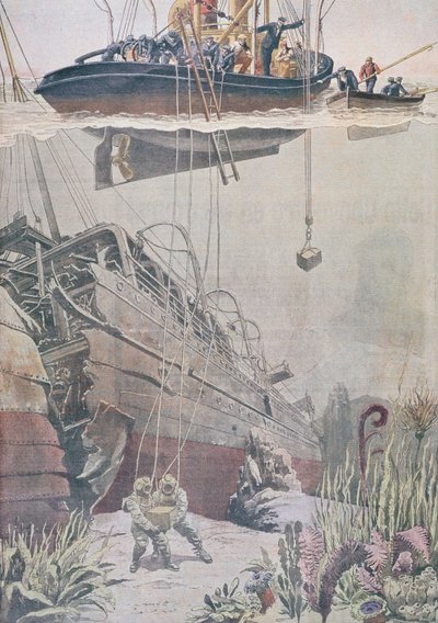 从海洋的残骸中恢复宝藏，来自Le Petit Journal的插图，1912年 作者 法语学校