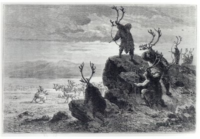 石器时代的驯鹿狩猎，来自LHomme Primitif的插图，作者：Louis Figuier（1819-94），由Hachette出版，1870年 作者 法语学校