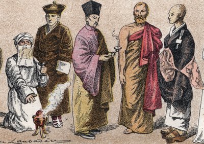 亚洲的宗教服饰：从帕西神父（帕西主义的追随者）、喇嘛（西藏精神导师）、中国佛教僧侣、锡兰和尚和日本佛教僧侣的肖像 - 雕刻 - 亚洲的宗教服饰：从左到右 作者 法语学校