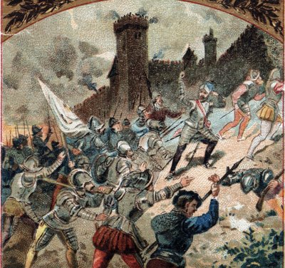 Religious wars: the Huguenots seized the castle of Dampierre in 1567. Chromolithography of the late 19th century 作者 法语学校