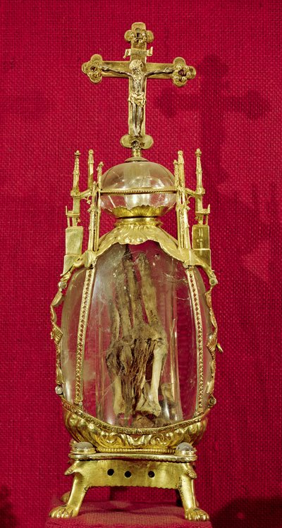 包含St. Attalia（c.697-741）12-15世纪之手（铜，镀金银和水晶）的圣物 作者 法语学校